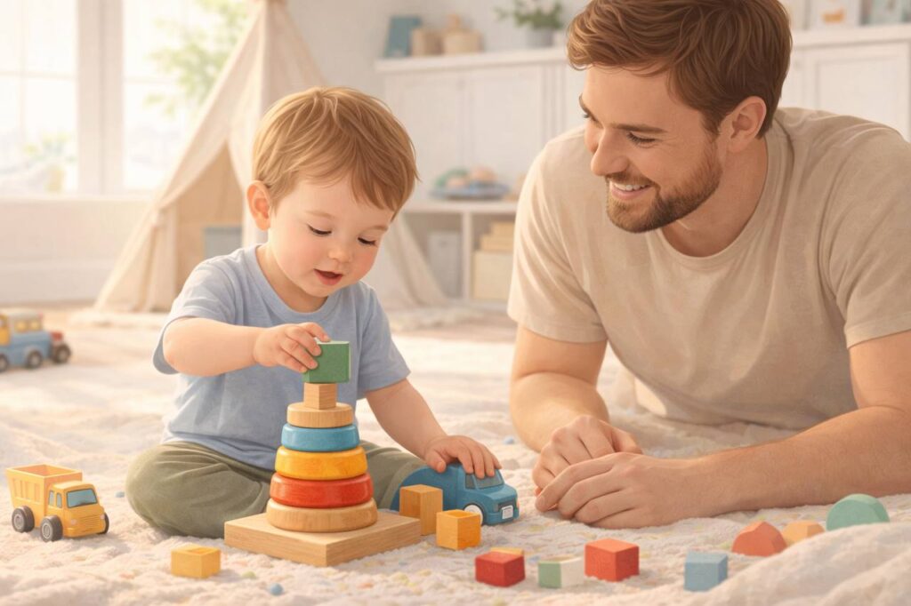 Ребенок 1-3 года играет с папой